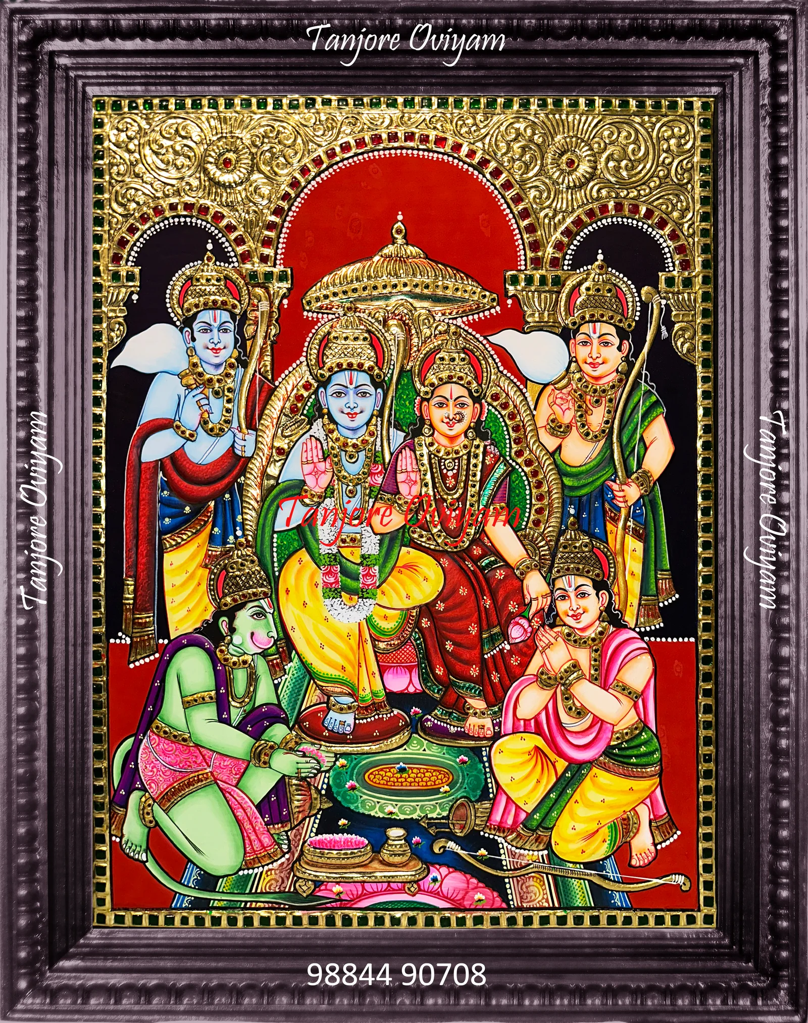 Authentic Tanjore Ram Dharbar Style painting Rama Sita Lakshmana Hanuman court scene gold foil artwork